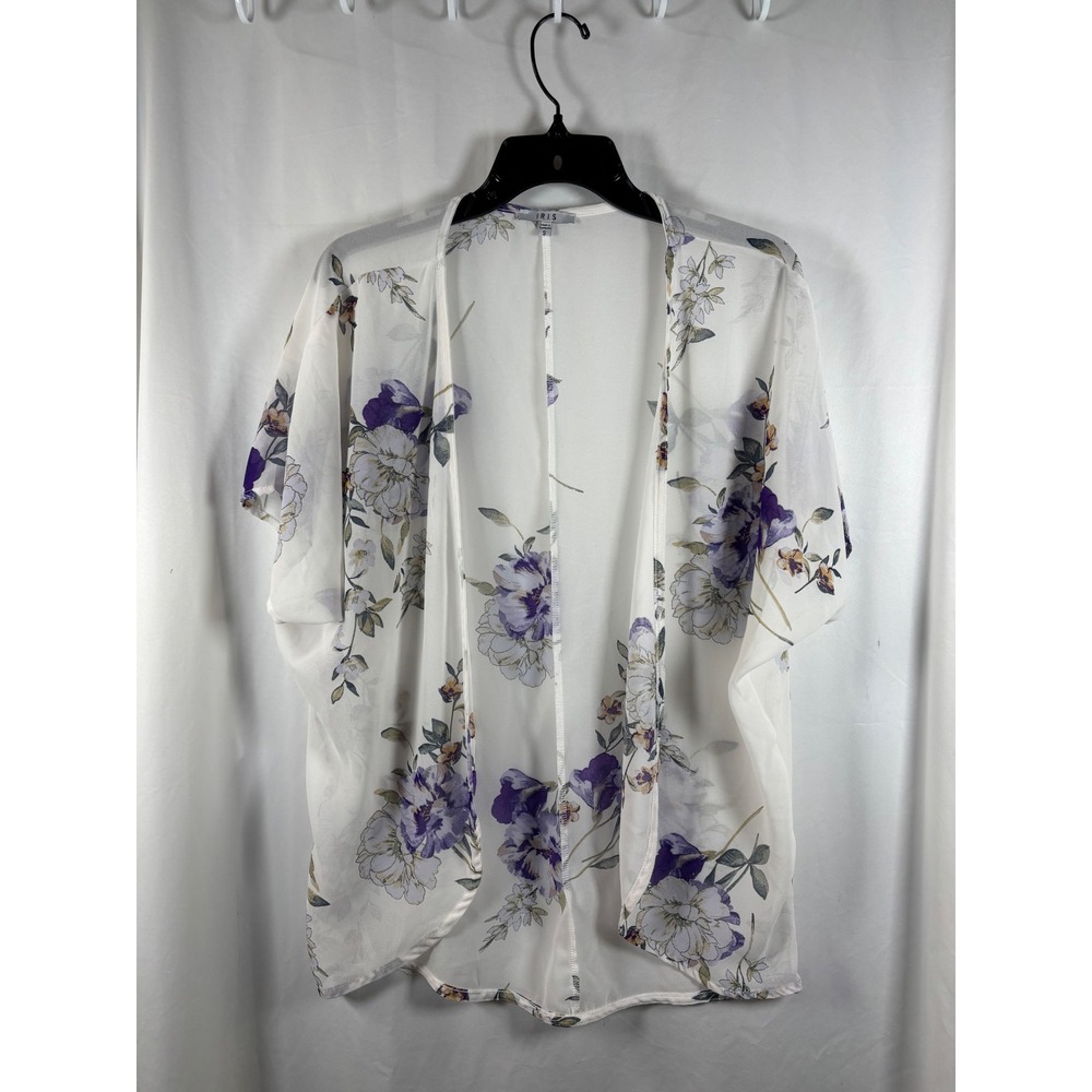 IRIS White Floral Kimono‎ Cardigan Sheer Short Sleeve Women's Size S